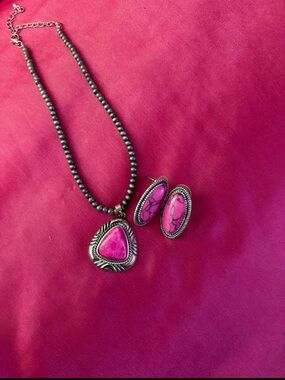 Fuchsia Pendent Necklace and Earrings Set - Women Jewelry